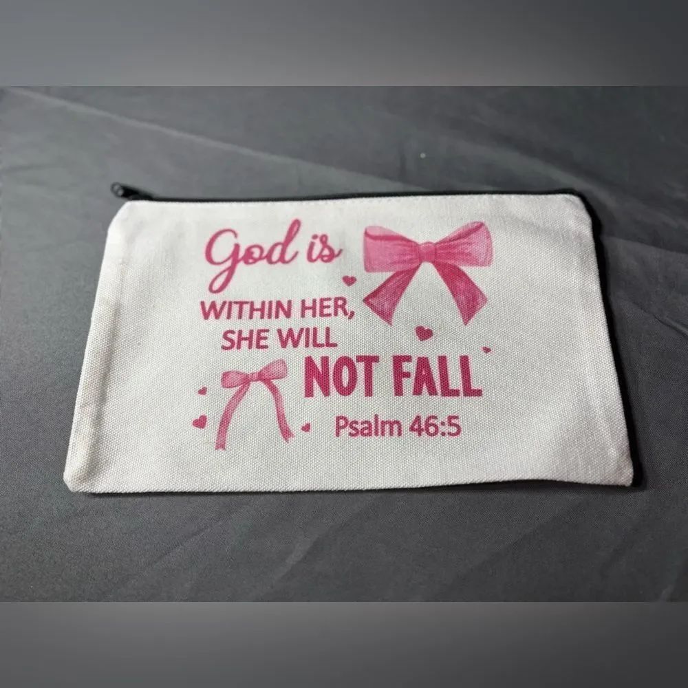 New White Canvas Zipper Pouch with Pink Script & Bow